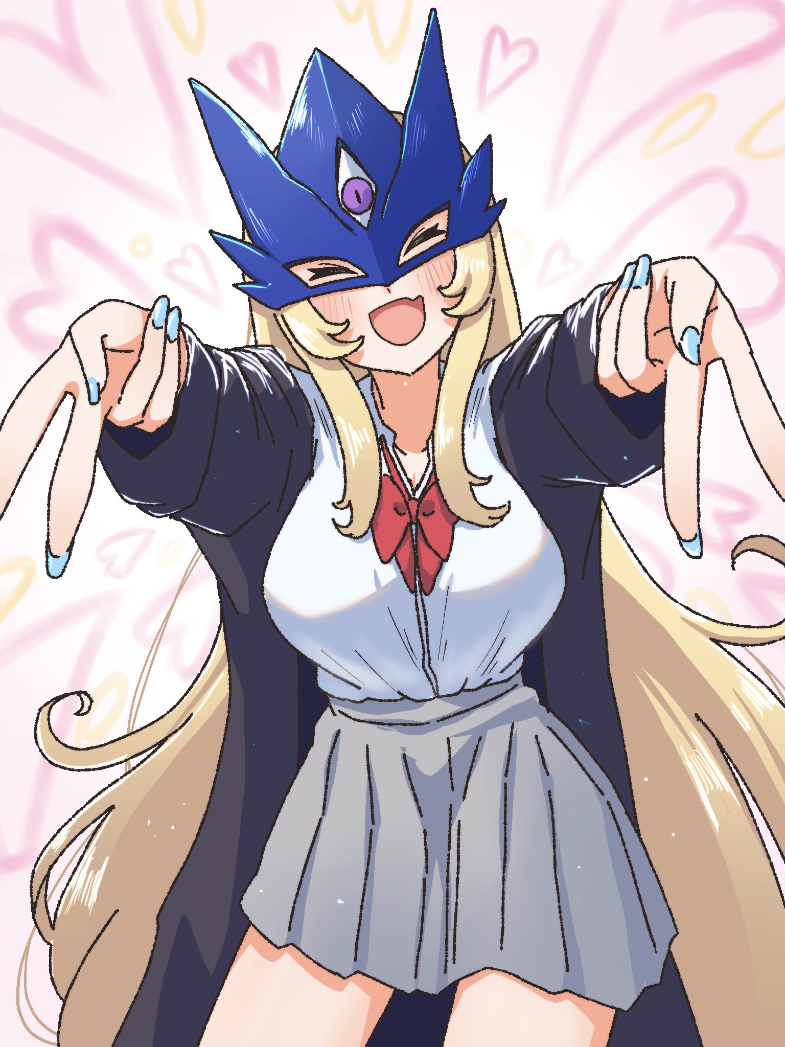 echieichi, beelstarmon, digimon, highres, 1girl, alternate costume, blonde hair, blush, bow, bowtie, breasts, closed eyes, digimon (creature), double v, eye mask, fake nails, gyaru, large breasts, long hair, loose bowtie, mask, nail polish, open mouth, solo, third eye, v