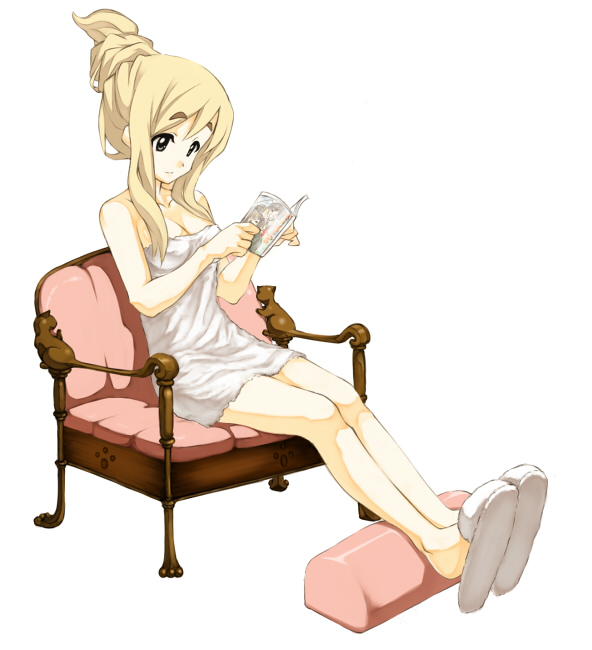 hamao, fukuzawa yumi, kotobuki tsumugi, ogasawara sachiko, k-on!, maria-sama ga miteru, eyebrows, 00s, 1girl, alternate hairstyle, blonde hair, chair, female focus, hair up, legs, reading, sitting, slippers, solo, towel