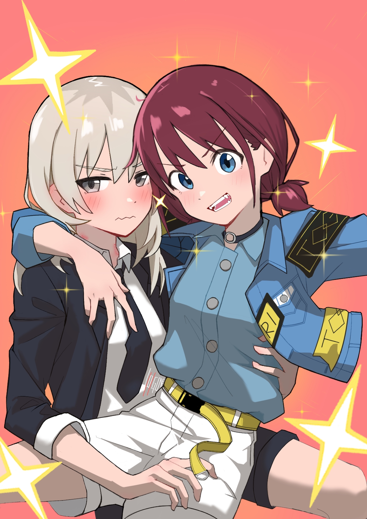 401gone, iseri nina, kawaragi momoka, girls band cry, chinese commentary, commentary request, highres, 2girls, arm around neck, bite mark, bite mark on neck, black choker, black necktie, black shorts, blue eyes, blue jacket, blue shirt, blush, brown hair, choker, closed mouth, fangs, grey eyes, grey hair, jacket, long hair, multicolored hair, multiple girls, necktie, o-ring, o-ring choker, roots (hair), shirt, short hair, shorts, three-quarter sleeves, wavy mouth, white shorts, yuri