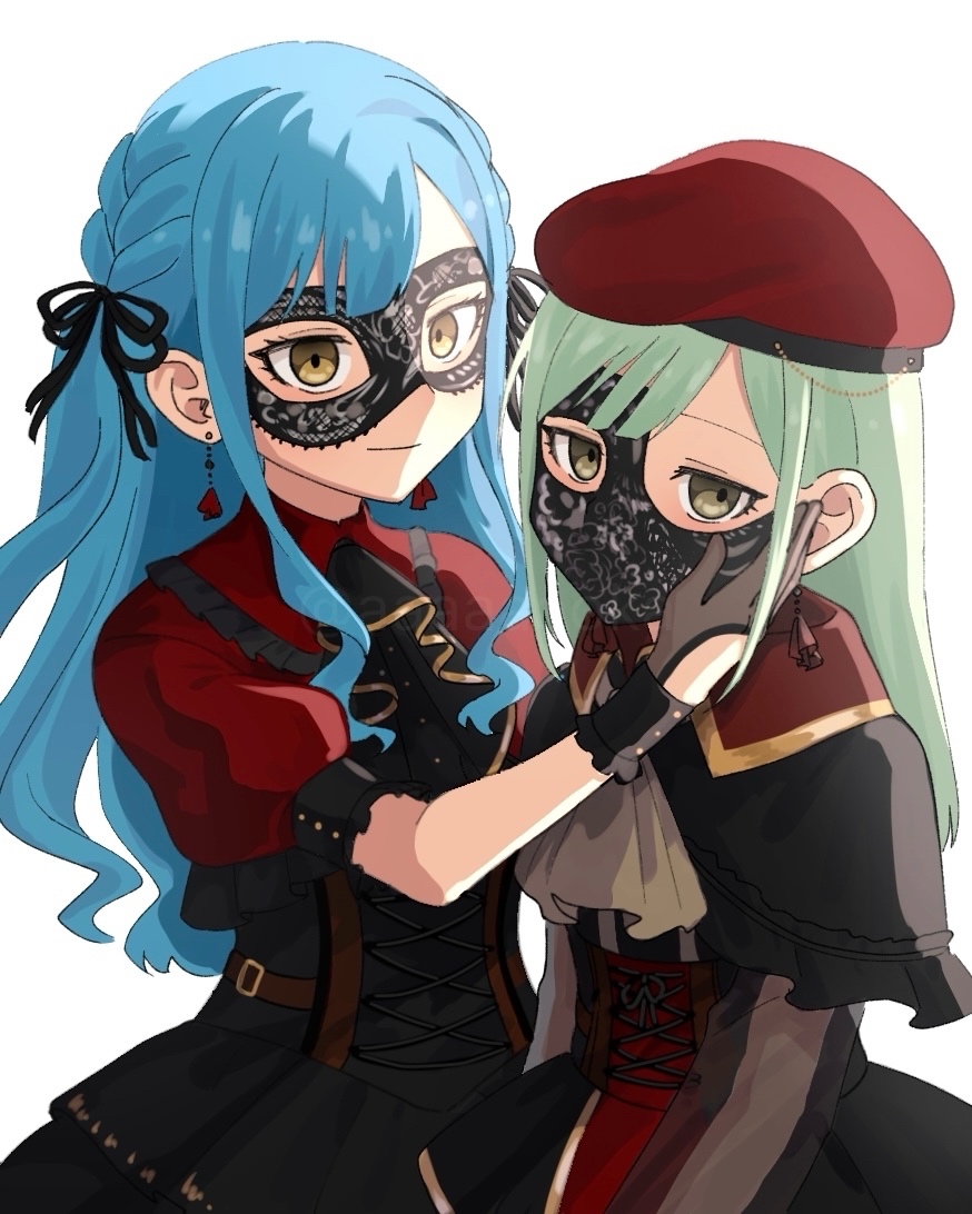 aoka (aaaaaaoka), mortis (bang dream!), mortis (costume) (bang dream!), oblivionis (bang dream!), togawa sakiko, wakaba mutsumi, bang dream!, bang dream! it's mygo!!!!!, chinese commentary, commentary request, 2girls, ascot, beret, black capelet, black corset, black mask, black ribbon, blue hair, braid, capelet, corset, green hair, hair ribbon, hand on another's cheek, hand on another's face, hat, long hair, mask, mouth mask, multiple girls, red hat, red shirt, ribbon, shirt, sidelocks, simple background, white ascot, white background, yellow eyes, yuri