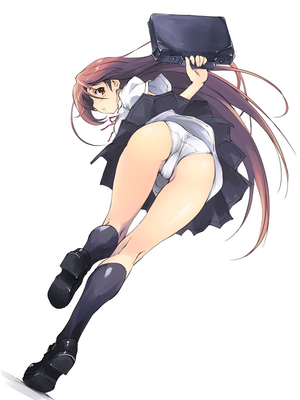 kikurage (plastic people), original, 1girl, ass, brown eyes, brown hair, female focus, from behind, kneehighs, long hair, looking back, panties, pantyshot, school uniform, socks, solo, underwear, upskirt, very long hair, wind, wind lift