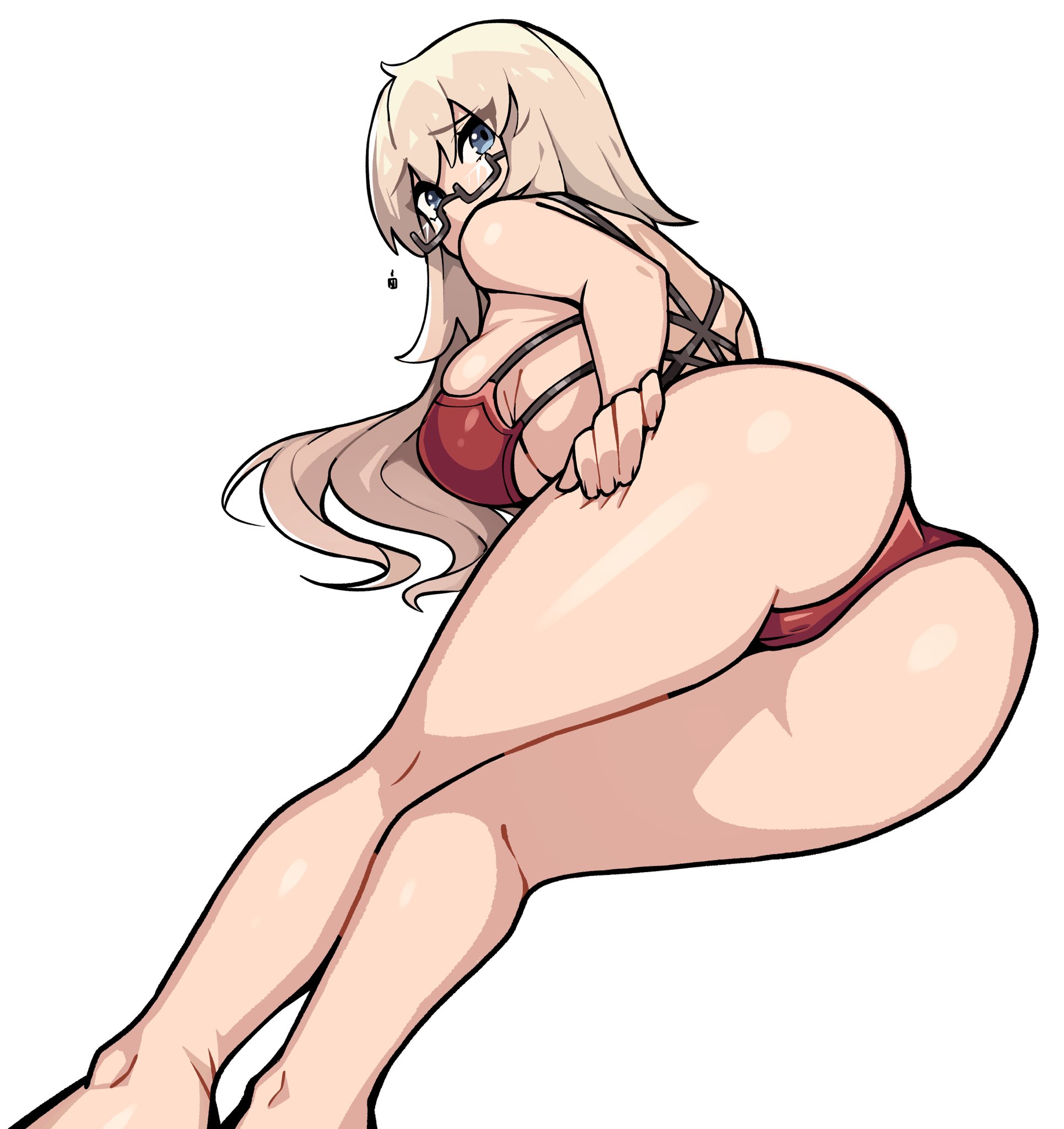 oninuer, original, commentary, commission, english commentary, highres, 1girl, ass, bare legs, bikini, blonde hair, blue eyes, breasts, choppy bangs, feet out of frame, from behind, glasses, hand on own thigh, large breasts, legs, long hair, looking at viewer, looking back, rectangular eyewear, red bikini, simple background, solo, swimsuit, thighs, white background
