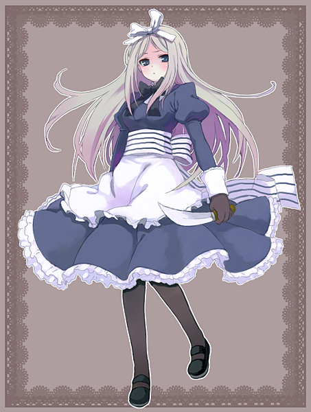 yonko, belarus (hetalia), axis powers hetalia, striped, bad id, bad pixiv id, 00s, 1girl, apron, blue eyes, dagger, dress, female focus, frills, full body, gloves, grey hair, hair ribbon, knife, lingerie, long hair, pantyhose, petticoat, ribbon, solo, underwear, weapon