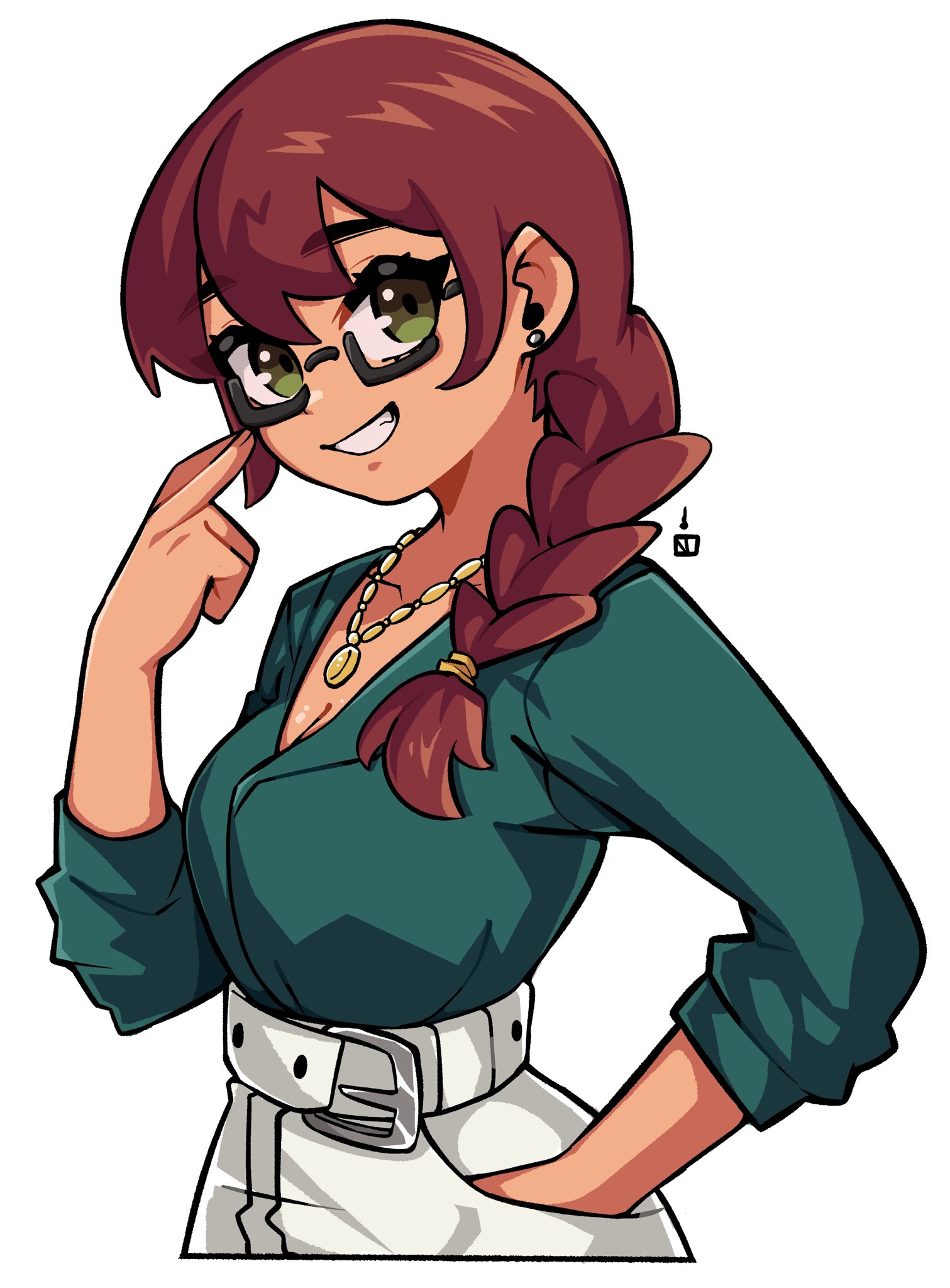 oninuer, original, commentary, commission, english commentary, highres, 1girl, belt, belt buckle, braid, breasts, brown hair, buckle, cleavage, cropped legs, double-parted bangs, earrings, glasses, green eyes, green shirt, hand in pocket, hand up, jewelry, long hair, looking at viewer, medium breasts, necklace, pants, shirt, simple background, sleeves pushed up, smile, solo, stud earrings, white background, white belt, white pants