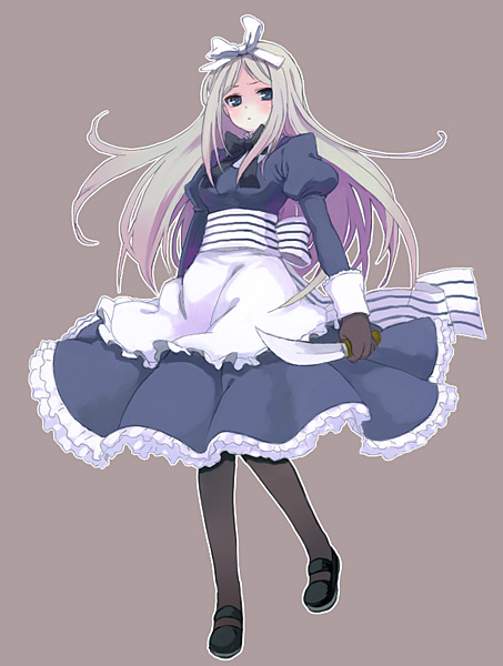yonko, belarus (hetalia), axis powers hetalia, striped, bad id, bad pixiv id, 00s, 1girl, apron, blue eyes, dagger, dress, female focus, frills, full body, grey hair, hair ribbon, knife, lingerie, pantyhose, petticoat, ribbon, simple background, solo, underwear, weapon