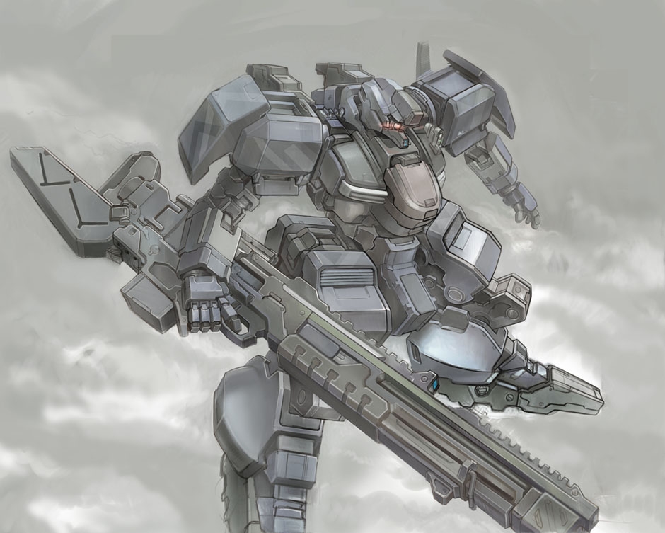 kgs, kuratch, original, armor, cloud, flying, full body, glowing, glowing eye, grey background, gun, huge weapon, machinery, mecha, no humans, realistic, red eyes, rifle, robot, science fiction, simple background, weapon