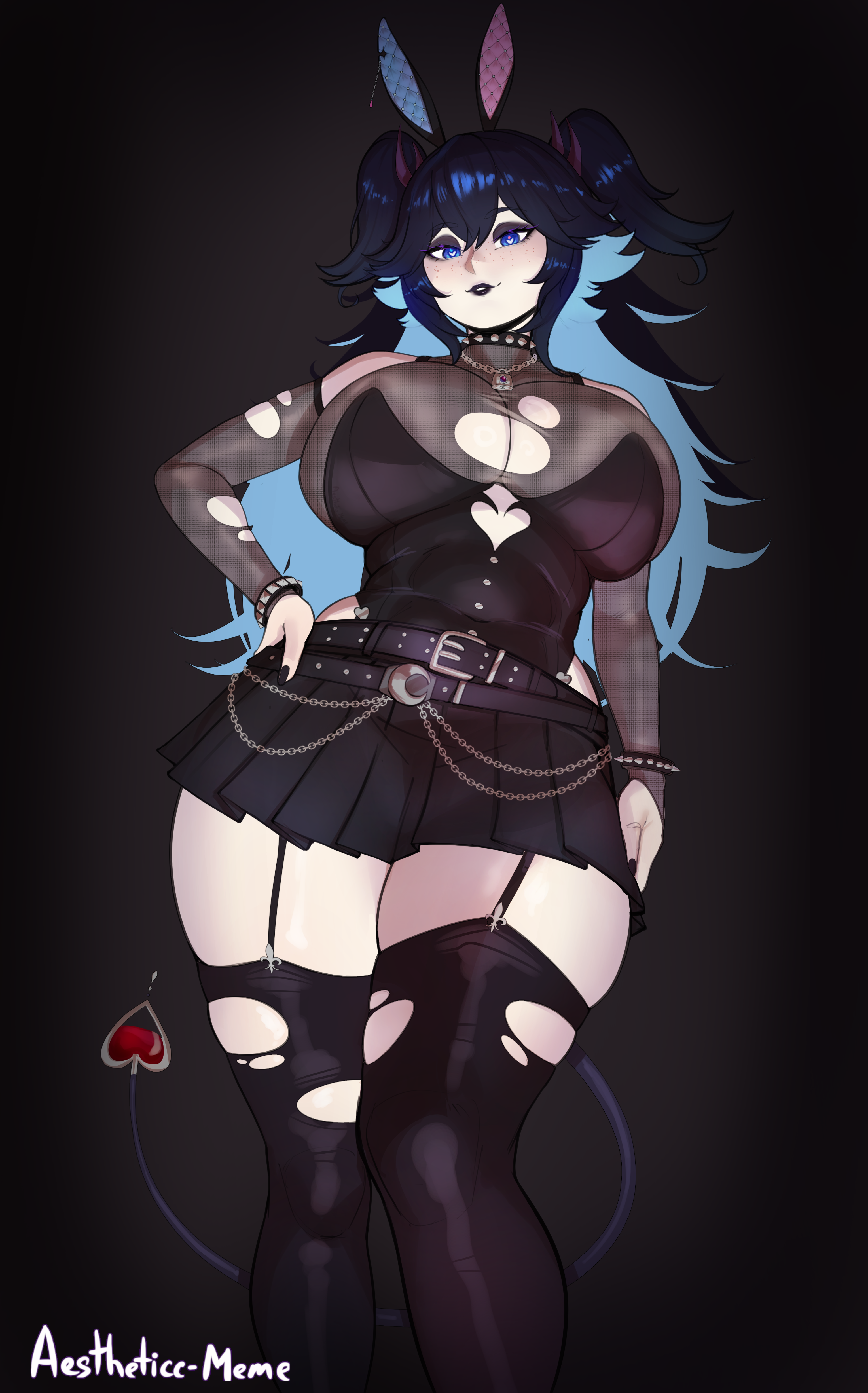 aestheticc-meme, cottontail (vtuber), indie virtual youtuber, absurdres, highres, 1girl, belt, belt buckle, black belt, black leotard, black nails, black skirt, blue eyes, blue hair, bodystocking, breasts, buckle, hair between eyes, hand on own hip, huge breasts, large breasts, leotard, lips, lipstick, long hair, looking at viewer, makeup, playboy bunny, skirt, smile, standing, tail, thick thighs, thighhighs, thighs, torn bodystocking, torn clothes, torn thighhighs, virtual youtuber