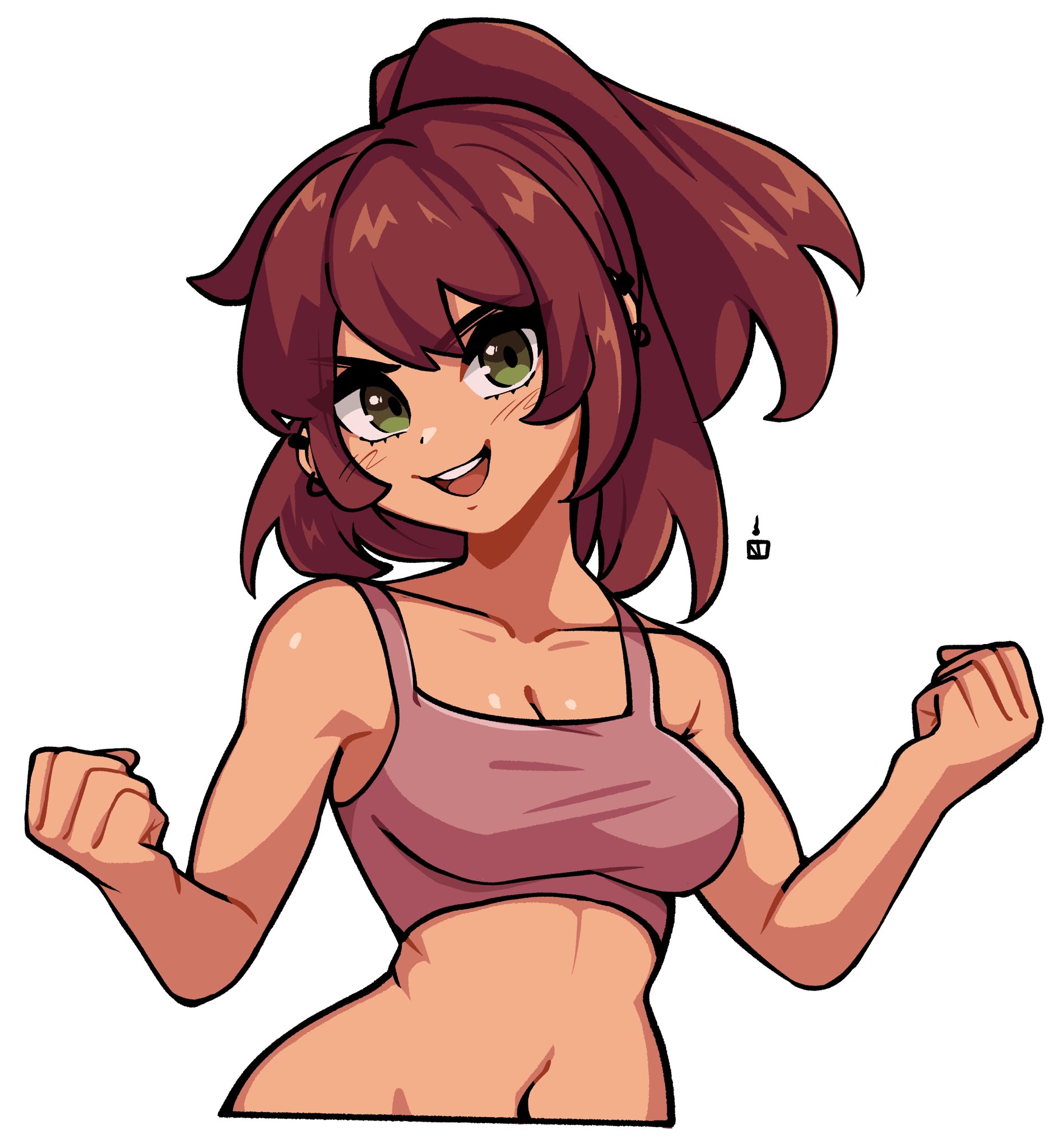 oninuer, original, commentary, commission, english commentary, highres, 1girl, breasts, brown hair, cleavage, clenched hands, collarbone, cropped torso, double-parted bangs, green eyes, hands up, looking at viewer, medium breasts, navel, open mouth, pink sports bra, short hair, simple background, smile, solo, sports bra, stomach, white background