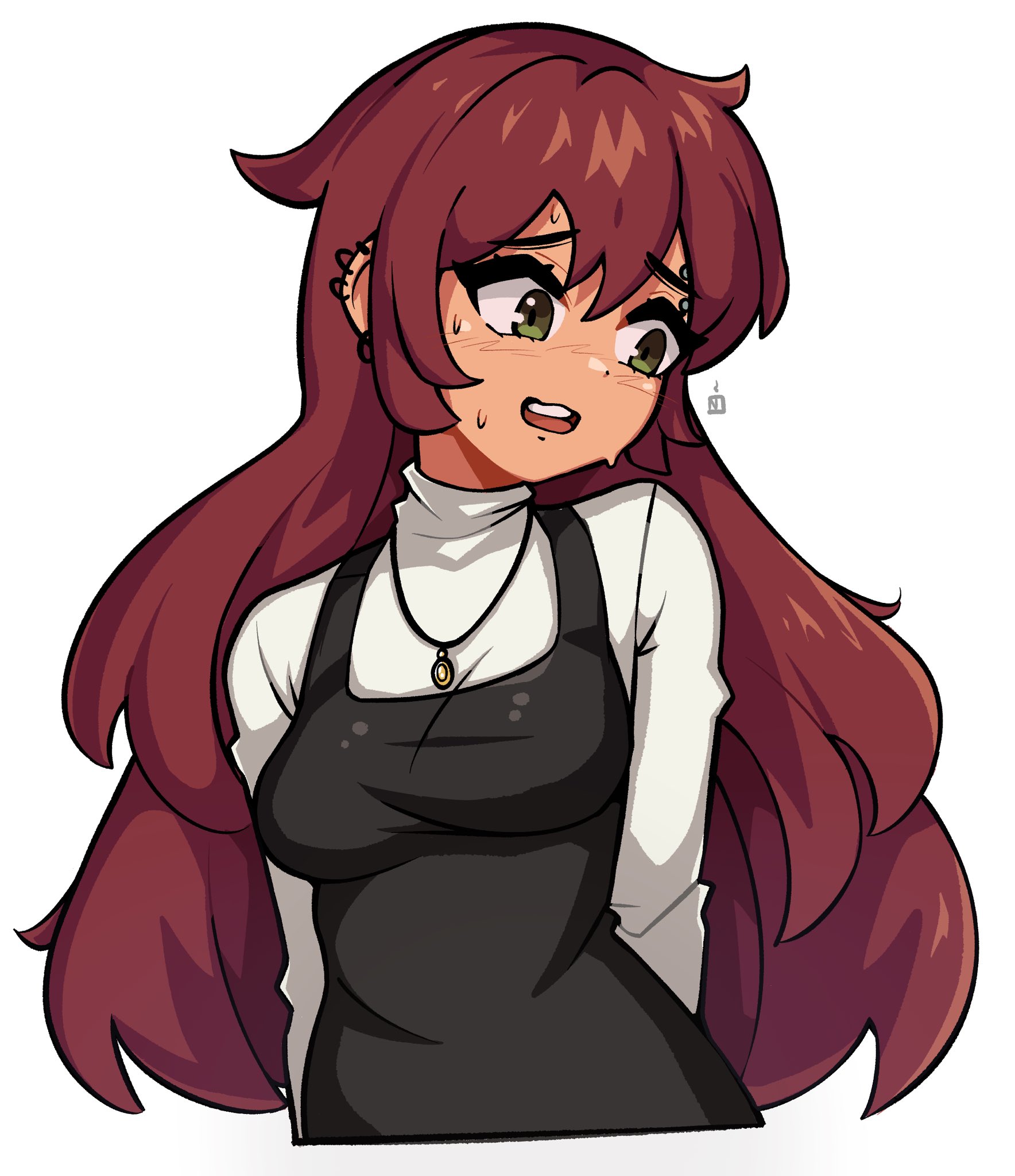 oninuer, original, commentary, commission, english commentary, highres, 1girl, arms behind back, averting eyes, black vest, breasts, brown hair, cropped torso, double-parted bangs, ear piercing, eyebrow piercing, face piercing, green eyes, jewelry, long hair, medium breasts, necklace, open mouth, piercing, raised inner eyebrows, shirt, simple background, solo, sweat, turtleneck, turtleneck shirt, vest, white background, white shirt