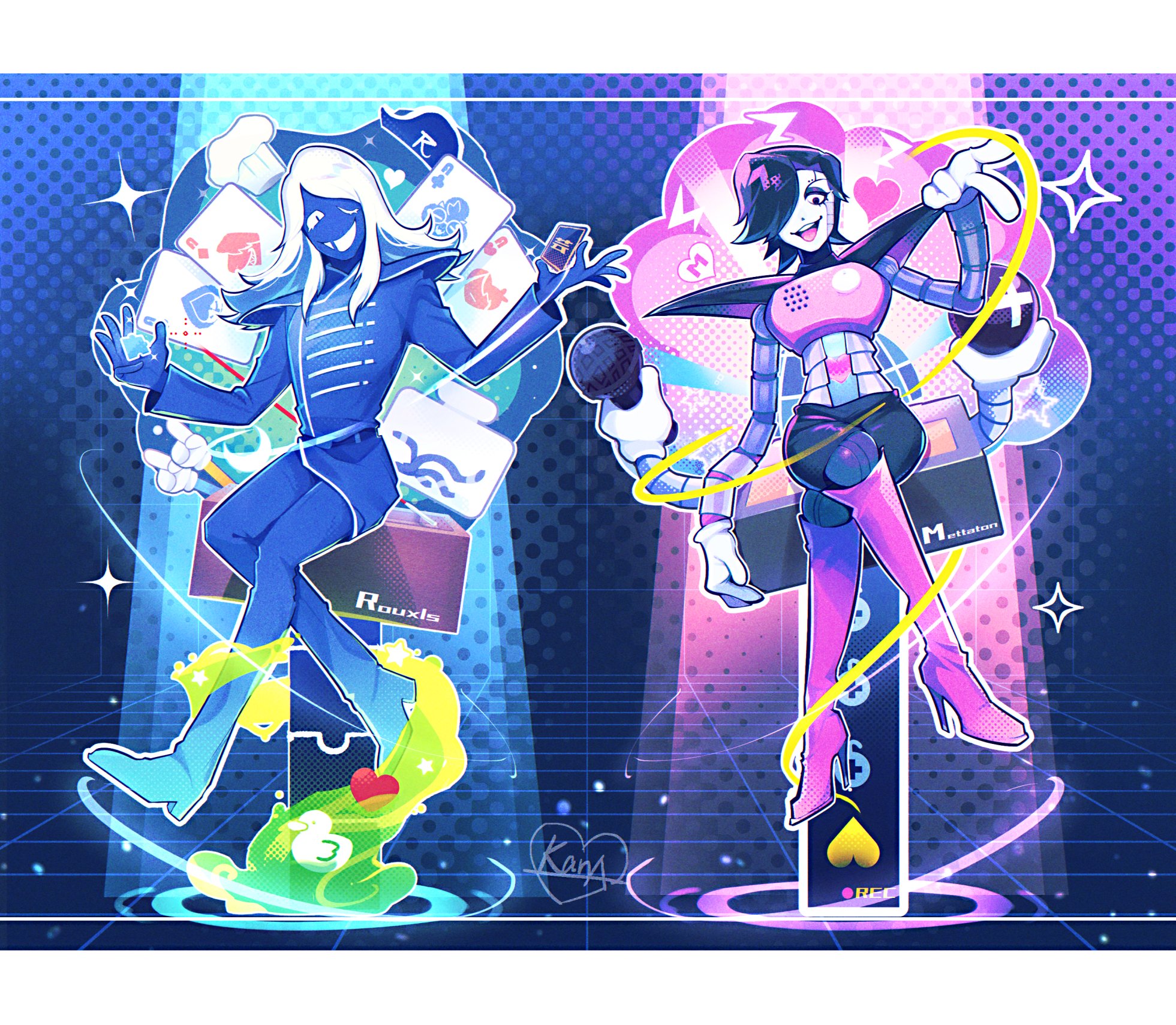 kana (kanaice), mettaton, mettaton ex, rouxls kaard, deltarune, undertale, utdr (toby fox), highres, 2boys, android, black hair, blue jacket, blue skin, boots, card, colored skin, crossed legs, full body, grin, hair over one eye, heart, high heel boots, high heels, holding, holding card, jacket, knee boots, letterboxed, male focus, medium hair, multiple boys, one eye closed, one eye covered, open mouth, pink boots, playing card, short hair, sitting, smile, sparkle, swept bangs, white hair