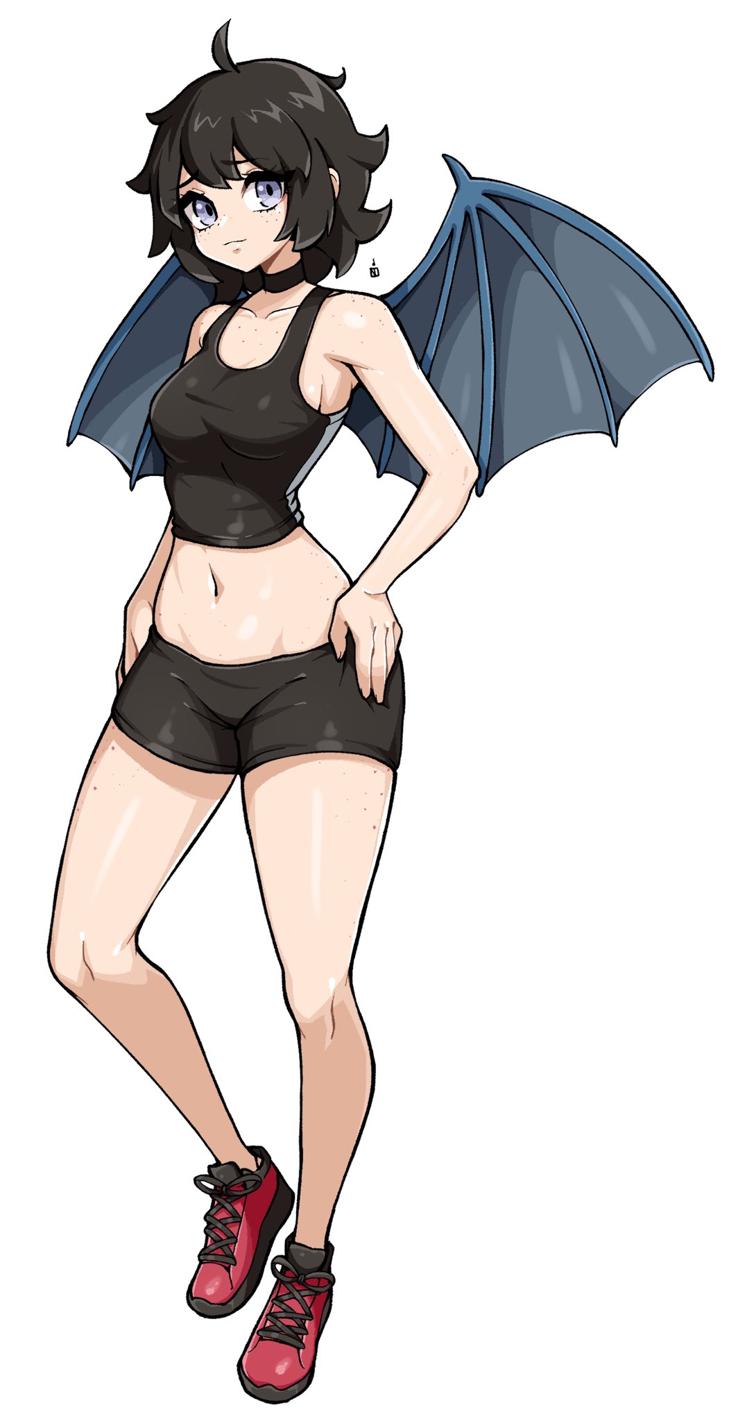 oninuer, original, commentary, commission, english commentary, highres, 1girl, ahoge, black hair, black shorts, black tank top, blue eyes, body freckles, breasts, chest freckles, closed mouth, double-parted bangs, dragon girl, dragon wings, freckles, frown, full body, hands on own hips, looking at viewer, medium breasts, midriff, navel, red shoes, shoes, short hair, short shorts, shorts, shoulder freckles, simple background, sneakers, solo, tank top, thigh freckles, white background, wings