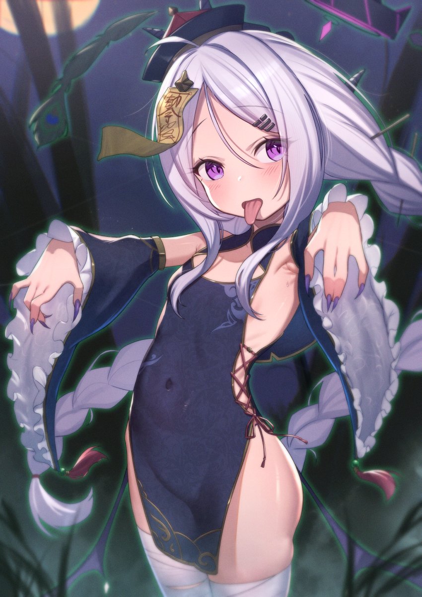 uneg, hina (blue archive), blue archive, highres, 1girl, ahoge, black halo, breasts, covered navel, demon girl, demon horns, demon wings, full moon, halo, hat, horns, long hair, looking at viewer, low wings, moon, no panties, outdoors, purple eyes, small breasts, solo, standing, tongue, tongue out, tree, very long hair, white hair, wings
