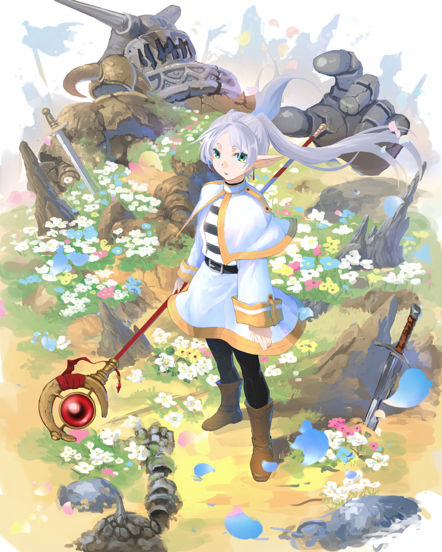 hirokiku, frieren, sousou no frieren, commentary request, highres, 1girl, black pantyhose, boots, brown boots, capelet, dress, earrings, elf, fake horns, field, flower, flower field, full body, giant, green eyes, helmet, holding, holding staff, horned helmet, horns, jewelry, long hair, long sleeves, looking at viewer, mage staff, on ground, outdoors, pantyhose, parted lips, pointy ears, rock, solo, staff, standing, sword, teardrop earrings, twintails, weapon, white capelet, white dress, white hair