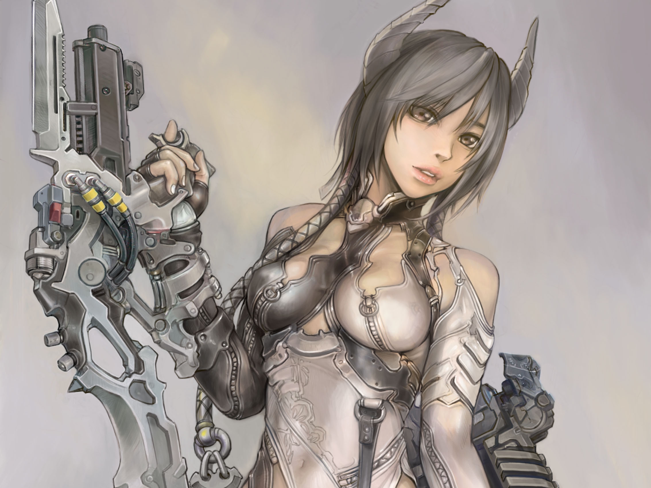 kgs, kuratch, original, blade, highres, non-web source, 1girl, bodysuit, breasts, brown eyes, elbow gloves, female focus, gloves, grey hair, gun, horns, medium breasts, nipples, science fiction, see-through clothes, short hair, solo, sword, weapon, zipper
