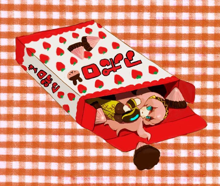 gorutei, goruti, megurine luka, apollo chocolate, vocaloid, bad id, bad pixiv id, aqua eyes, chibi, chocolate, cookie, food, fruit, hairband, in food, long hair, mini person, minigirl, pink hair, rabbit, strawberry, very long hair