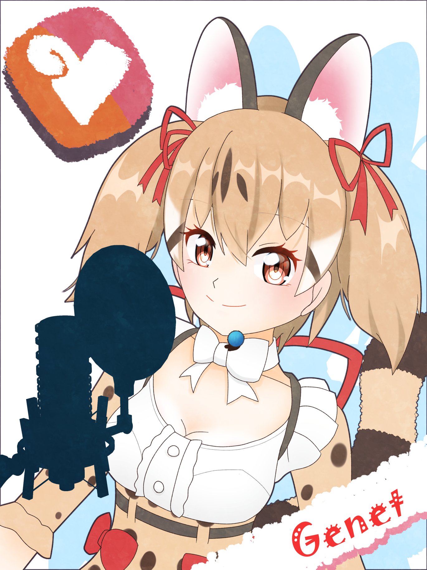 large-spotted genet (kemono friends), kemono friends, kemono friends v project, highres, 1girl, aki o, animal ears, belt, brown eyes, brown hair, cat ears, cat girl, cat tail, extra ears, long hair, looking at viewer, microphone, ribbon, shirt, simple background, skirt, solo, tail, twintails, upper body, virtual youtuber