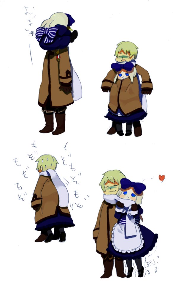 gorutei, goruti, belarus (hetalia), russia (hetalia), axis powers hetalia, bad id, bad pixiv id, 00s, 1boy, 1girl, :<, apron, bow, chibi, coat, couple, dress, gloves, hair bow, heart, hetero, hiding, lingerie, petticoat, ribbon, scarf, shared clothes, shared coat, shared scarf, siblings, sweatdrop, trembling, trench coat, underwear