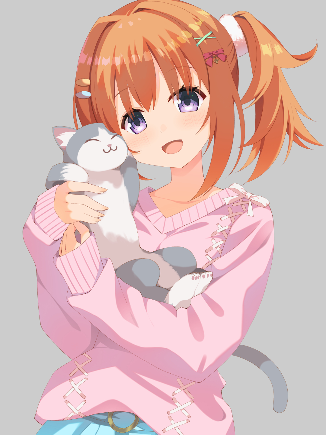 minase kaya, sumizome nozomi, cafe stella to shinigami no chou, commentary, highres, 1girl, :3, :d, ^ ^, animal, blue shirt, blush, bow, cat, closed eyes, cowboy shot, eyes visible through hair, grey background, grey cat, hair between eyes, hair bow, hair intakes, hair ornament, hairclip, hands up, happy, holding, holding animal, holding cat, looking at viewer, medium hair, open mouth, orange hair, parallel hairclips, pink sweater, purple eyes, red bow, shirt, side ponytail, sidelocks, simple background, sleeves past wrists, smile, solo, sweater, x hair ornament