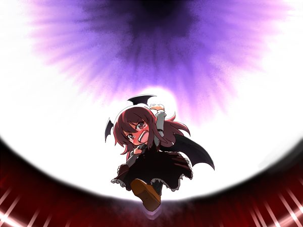 [], koakuma, embodiment of scarlet devil, touhou, 1girl, bat wings, blush, danmaku, female focus, head wings, long hair, red eyes, red hair, solo, tears, wings
