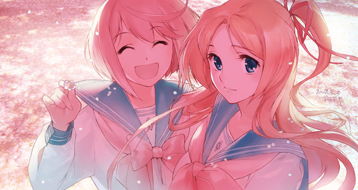 muroi maki, original, 00s, 2007, 2girls, :d, closed eyes, flower, hair ribbon, multiple girls, open mouth, petals, pink theme, ribbon, school uniform, serafuku, smile, wind