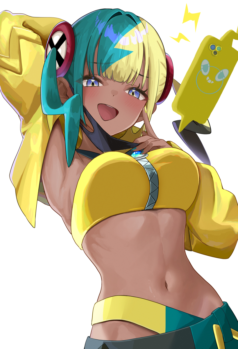 setta shu, canari (pokemon), rotom, rotom phone, nintendo, pokemon, pokemon legends: z-a, highres, 1girl, aqua hair, arm behind head, armpits, bandeau, black mask, blonde hair, blue eyes, blush, breasts, center-flap bangs, criss-cross straps, dark skin, gen 4 pokemon, jacket, large breasts, lightning bolt symbol, long sleeves, looking at viewer, mask, mask pull, mega stone, mouth mask, multicolored hair, navel, open mouth, pants, pokemon (creature), presenting armpit, short twintails, simple background, smile, split-color hair, sports bra, stomach, twintails, two-tone hair, two-tone mask, two-tone pants, upper body, white background, yellow bandeau, yellow jacket, yellow mask, yellow sports bra