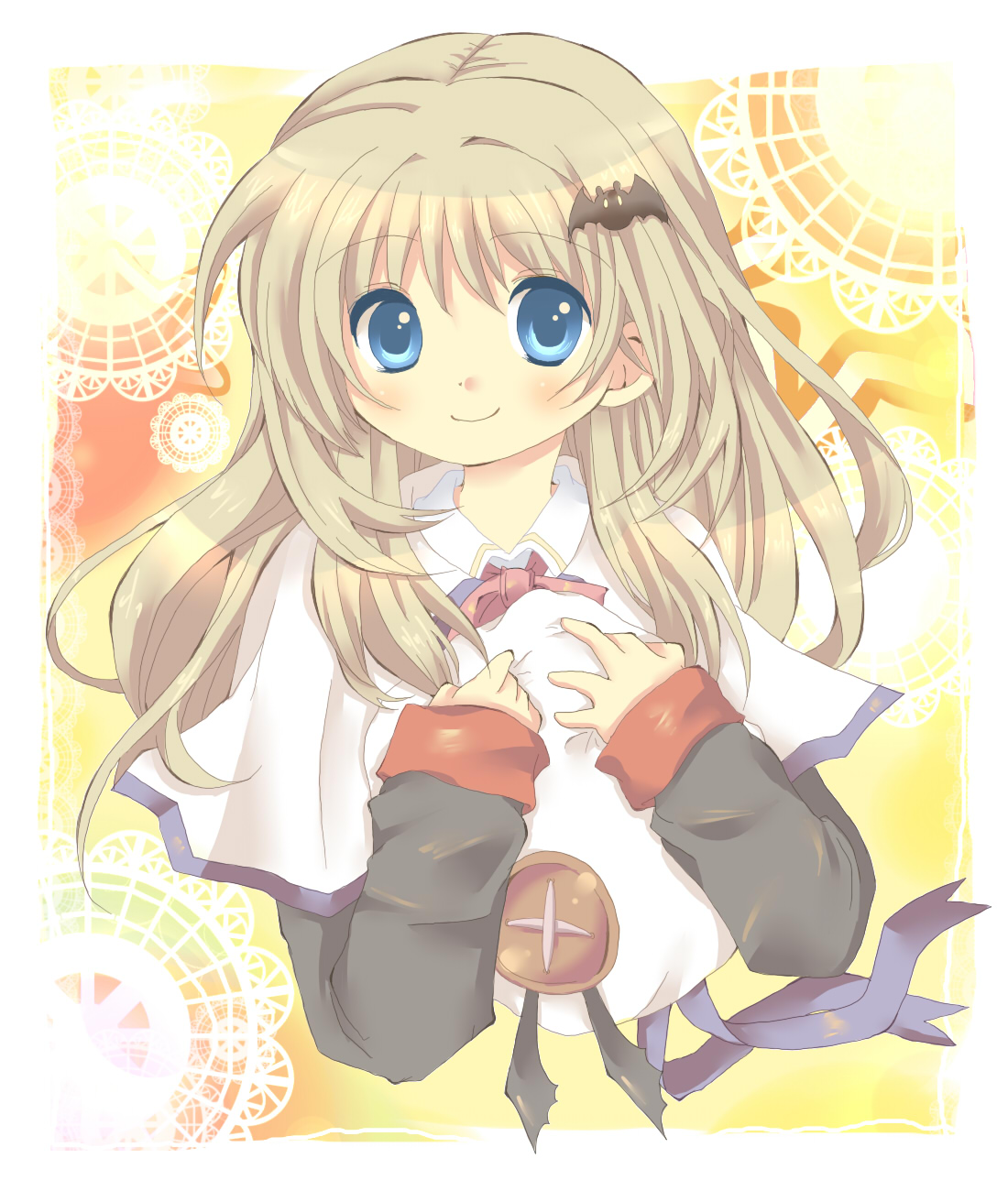 imo mushi, noumi kudryavka, little busters!, highres, beret, blonde hair, blue eyes, blush, cape, hair ornament, hairclip, hat, holding, holding unworn clothes, holding unworn hat, school uniform, smile, solo, unworn hat, unworn headwear