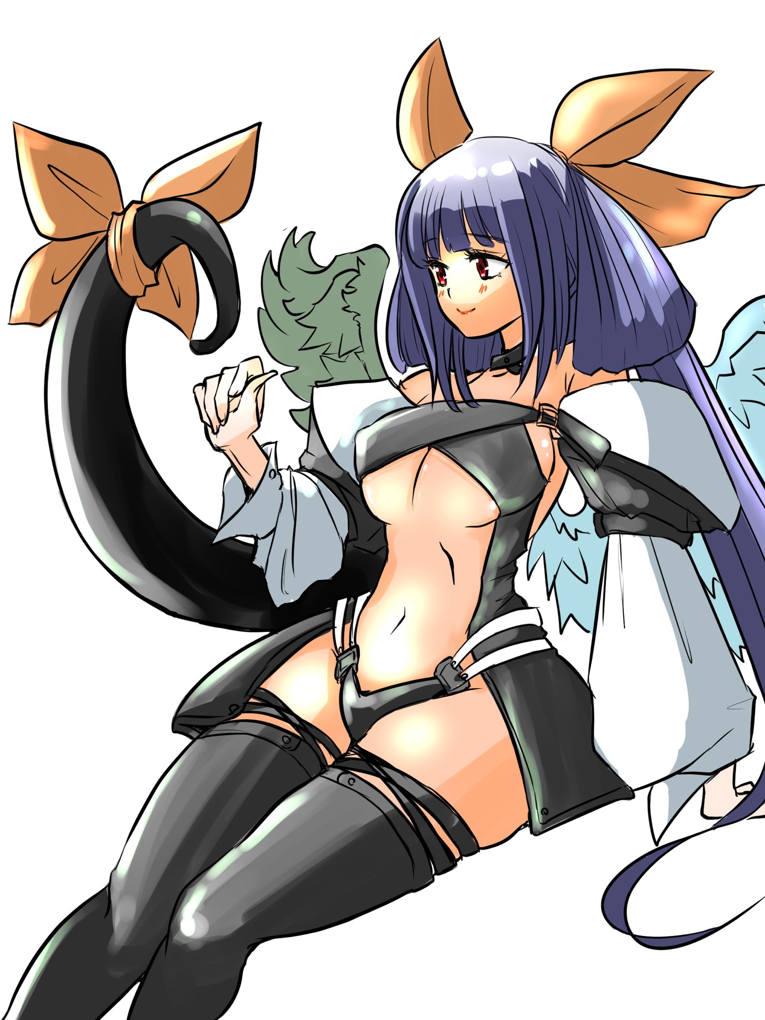 bebitan327, dizzy (guilty gear), guilty gear, guilty gear xx, highres, 1girl, asymmetrical wings, bare shoulders, blue hair, blush, breasts, choker, cleavage, detached sleeves, hair ribbon, large breasts, long hair, navel, red eyes, ribbon, simple background, smile, solo, tail, tail ornament, tail ribbon, thighhighs, twintails, white background, wings, yellow ribbon