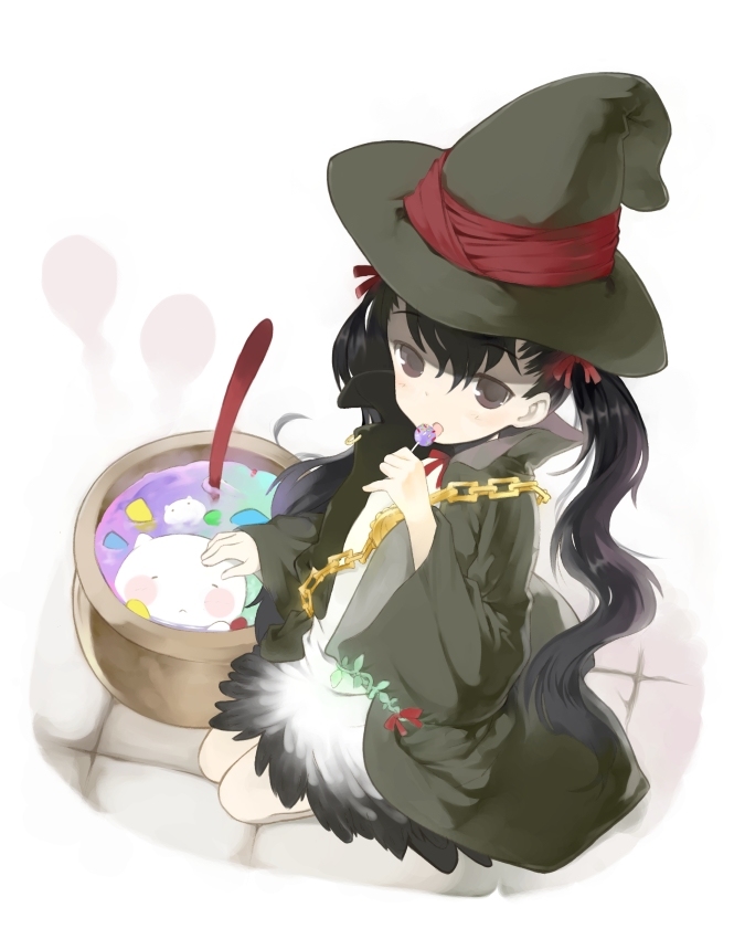 kurasuke, original, pot, black hair, brown eyes, candy, chain, dress, food, from above, hat, licking, long hair, ribbon, robe, solo, twintails, witch hat