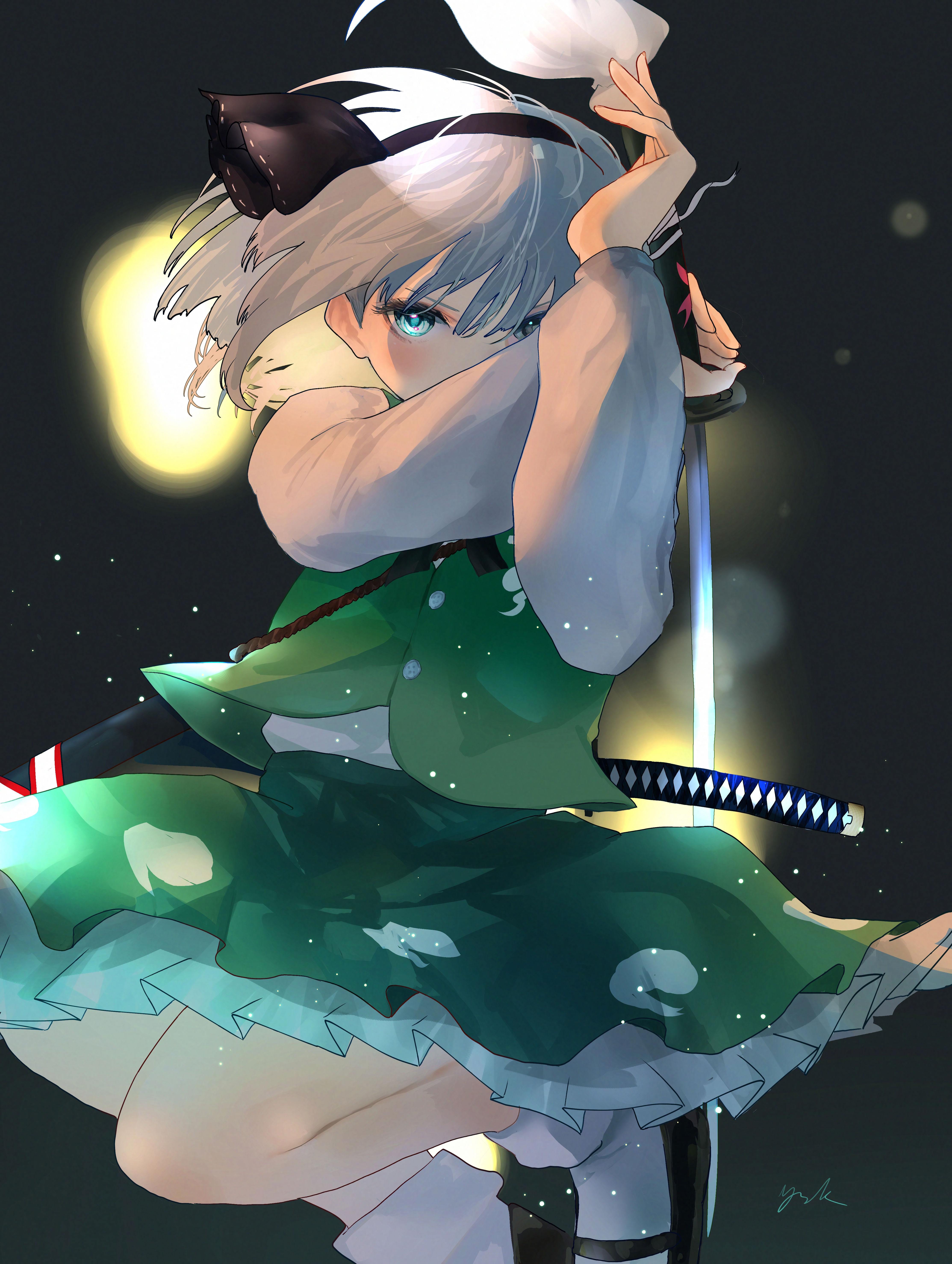 eneshi, konpaku youmu, touhou, absurdres, commentary request, highres, 1girl, arms up, backlighting, black background, black bow, black hairband, black shoes, blue eyes, bow, covered mouth, eyelashes, fighting stance, floating hair, foot up, frilled skirt, frills, green skirt, green vest, hair bow, hairband, holding, holding sword, holding weapon, katana, light blush, long sleeves, looking at viewer, magatama print, mary janes, medium hair, print skirt, serious, shirt, shoes, simple background, skirt, socks, solo, standing, standing on one leg, sword, v-shaped eyebrows, vest, weapon, white hair, white shirt, white socks