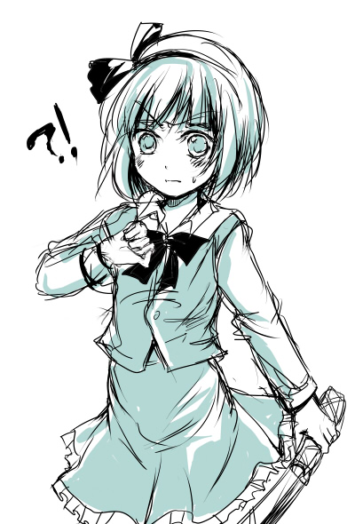 mathnote, konpaku youmu, touhou, !?, 1girl, aqua theme, female focus, monochrome, sketch, skirt, solo, sword, weapon, white background