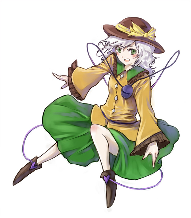 shippori, shishou, komeiji koishi, touhou, silver hair, 1girl, blush, female focus, full body, green eyes, hat, hat ribbon, heart, heart of string, long sleeves, open mouth, ribbon, shoes, short hair, skirt, solo, third eye, white background, wide sleeves