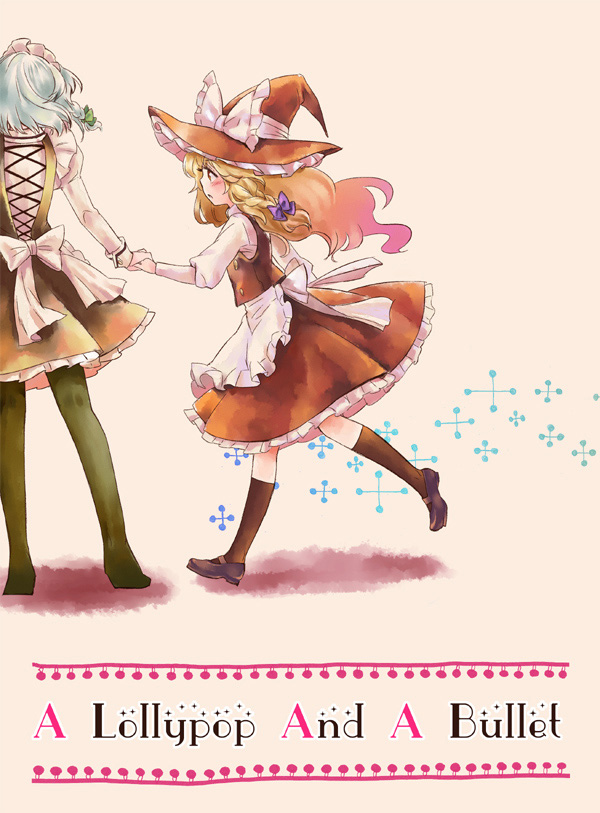 matilda (matildax), izayoi sakuya, kirisame marisa, touhou, 2girls, blonde hair, blue eyes, blush, braid, embellished costume, female focus, hat, holding hands, multiple girls, pantyhose, walking, witch, witch hat