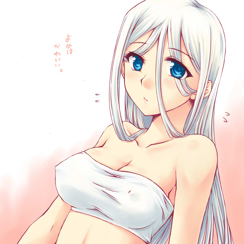 akasuga moyashi, moyasan, kisara (yu-gi-oh!), yu-gi-oh!, yu-gi-oh! duel monsters, silver hair, 1girl, bandeau, bare shoulders, blue eyes, breasts, cleavage, covered erect nipples, female focus, long hair, medium breasts, solo, strapless, sweatdrop, tube top, upper body