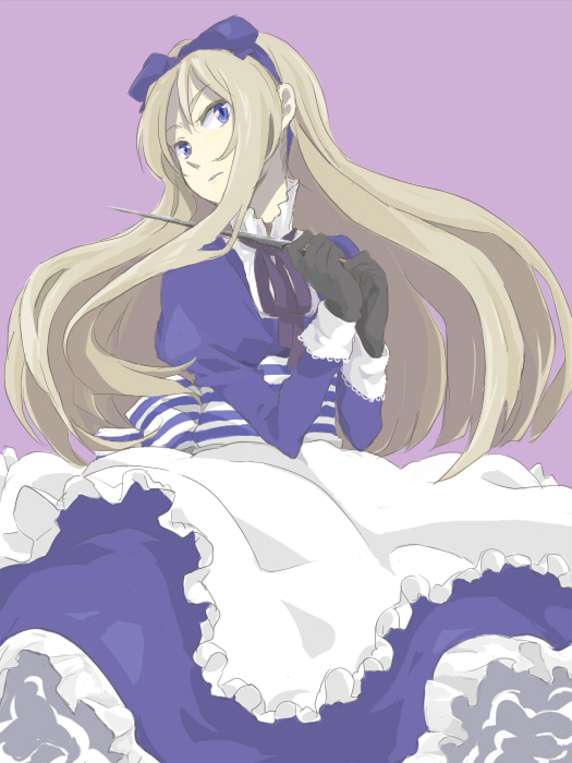 futsuko, futsuko (fzt), belarus (hetalia), axis powers hetalia, striped, bad id, bad pixiv id, 00s, 1girl, apron, blue eyes, dagger, dress, female focus, frills, gloves, grey hair, hair ribbon, knife, lingerie, long hair, petticoat, ribbon, simple background, solo, underwear, weapon