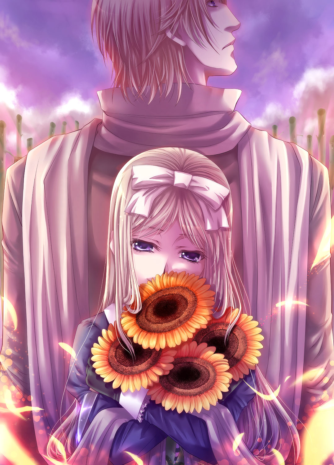 sasano shiki, belarus (hetalia), russia (hetalia), axis powers hetalia, tall, bad id, bad pixiv id, highres, 00s, 1boy, 1girl, back, back-to-back, blonde hair, blue eyes, couple, flower, gloves, hair ribbon, height difference, hetero, long hair, naughty face, petals, ribbon, short hair, siblings, size difference, sky, smile, sunflower