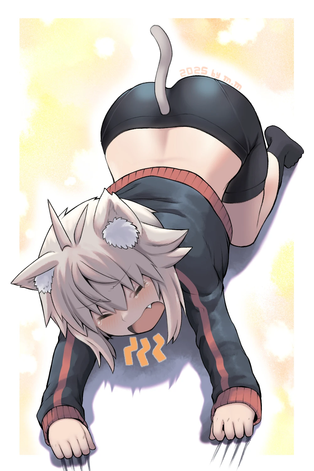 m.m, koshirae tsurugi (m.m), original, highres, webp-to-png conversion, 1girl, animal ears, antenna hair, artist name, ass, bike shorts, blonde hair, border, cat ears, cat stretch, cat tail, claw mark, closed eyes, dated, fang, jacket, kemonomimi mode, open mouth, outside border, shadow, solo, stretching, tail, tearing up, white border, yawning