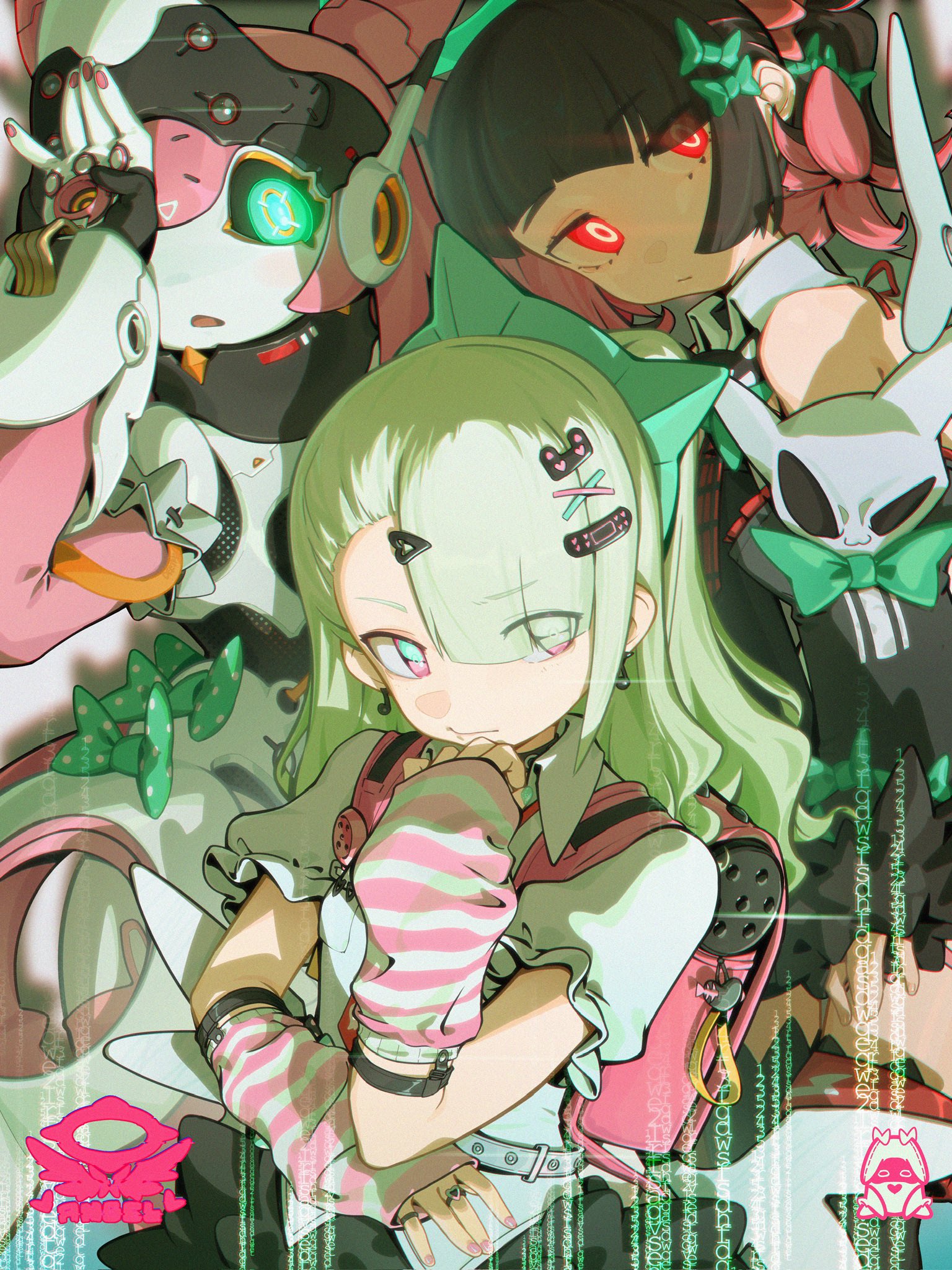 chinatsu remiel, rokudu sariel, yutane johiel, zenless zone zero, commentary, highres, symbol-only commentary, 3girls, arm warmers, asymmetrical bangs, backpack, bag, black hair, black sclera, colored sclera, deejey0126, earrings, glowing, glowing eyes, gradient eyes, green eyes, green hair, hair ornament, hairpin, humanoid robot, idol, jewelry, joints, long hair, looking at viewer, multicolored eyes, multicolored hair, multiple girls, multiple hairpins, pink bag, pink hair, randoseru, red eyes, robot, robot girl, robot joints, shirt, twintails, white shirt