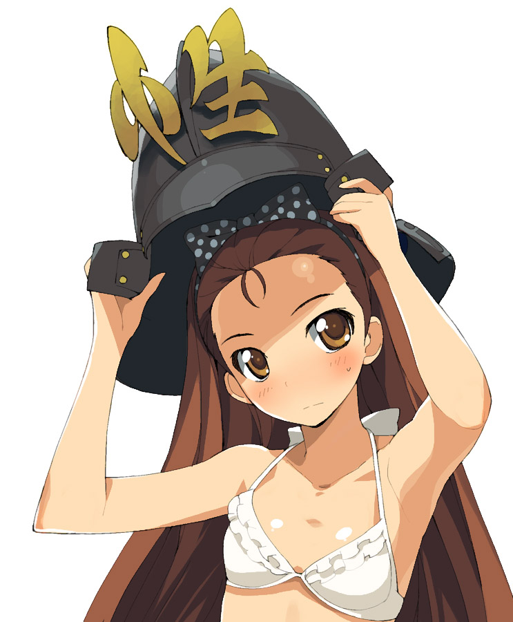 a1 (initial-g), minase iori, idolmaster, idolmaster (classic), looking away, 00s, 1girl, :|, armor, armpits, arms up, averting eyes, bikini, blush, bow, brown eyes, brown hair, closed mouth, embarrassed, female focus, flat chest, frilled bikini, frills, hair bow, hairband, head tilt, helmet, holding, japanese armor, kabuto (helmet), long hair, polka dot, simple background, solo, standing, sweatdrop, swimsuit, upper body, white background, white bikini