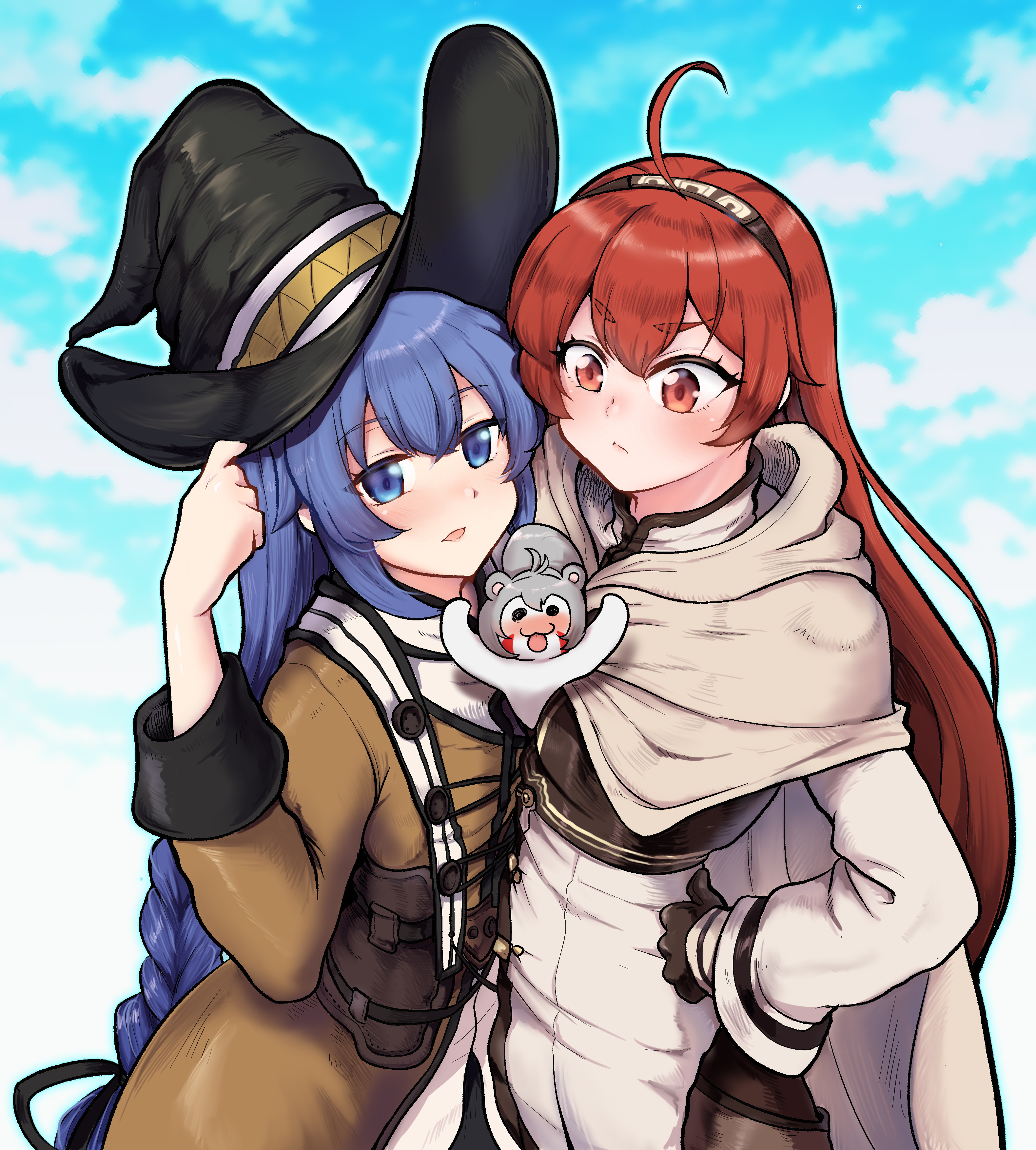 os (kazos), eris greyrat, roxy migurdia, yuridori (brown dust), brown dust (series), brown dust 2, mushoku tensei, absurdres, commentary request, highres, 2girls, black gloves, black hat, blue eyes, blue hair, braid, capelet, closed mouth, eyebrows hidden by hair, flat chest, from side, gloves, hair between eyes, hand on own hip, hat, long hair, looking at another, looking at viewer, multiple girls, open mouth, red eyes, red hair, shirt, smile, white capelet, white shirt, witch hat