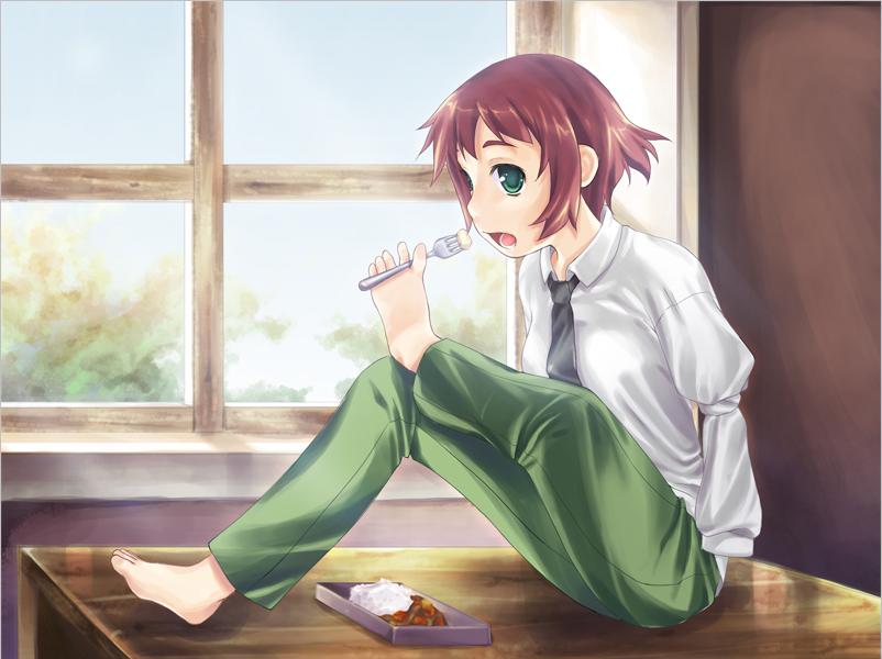 tezuka rin, katawa shoujo, game cg, jpeg artifacts, 10s, 1girl, amputee, armless amputee, barefoot, curry, double amputee, eating, feet, female focus, food, green eyes, indoors, left-handed, messy hair, necktie, red hair, short hair, solo, window