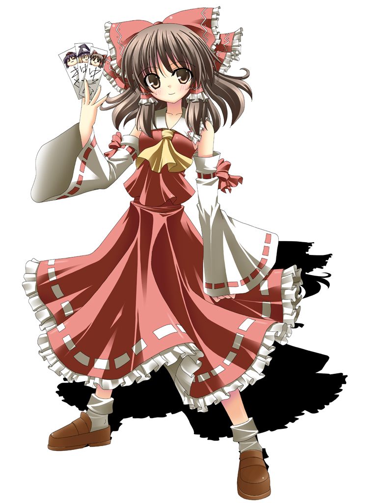 rappa (rappaya), hakurei reimu, kirisame marisa, shameimaru aya, touhou, 1girl, bow, brown eyes, brown hair, detached sleeves, female focus, full body, hair bow, japanese clothes, miko, simple background, solo, yukkuri shiteitte ne
