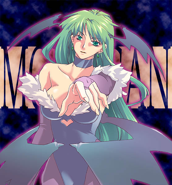 yanakatu, morrigan aensland, capcom, darkstalkers, 1girl, bare shoulders, bat wings, breasts, bridal gauntlets, choker, demon girl, detached sleeves, earrings, elbow gloves, female focus, foreshortening, gloves, green eyes, green hair, head wings, heart, jewelry, large breasts, leotard, long hair, matching hair/eyes, pantyhose, solo, text background, text focus, wings