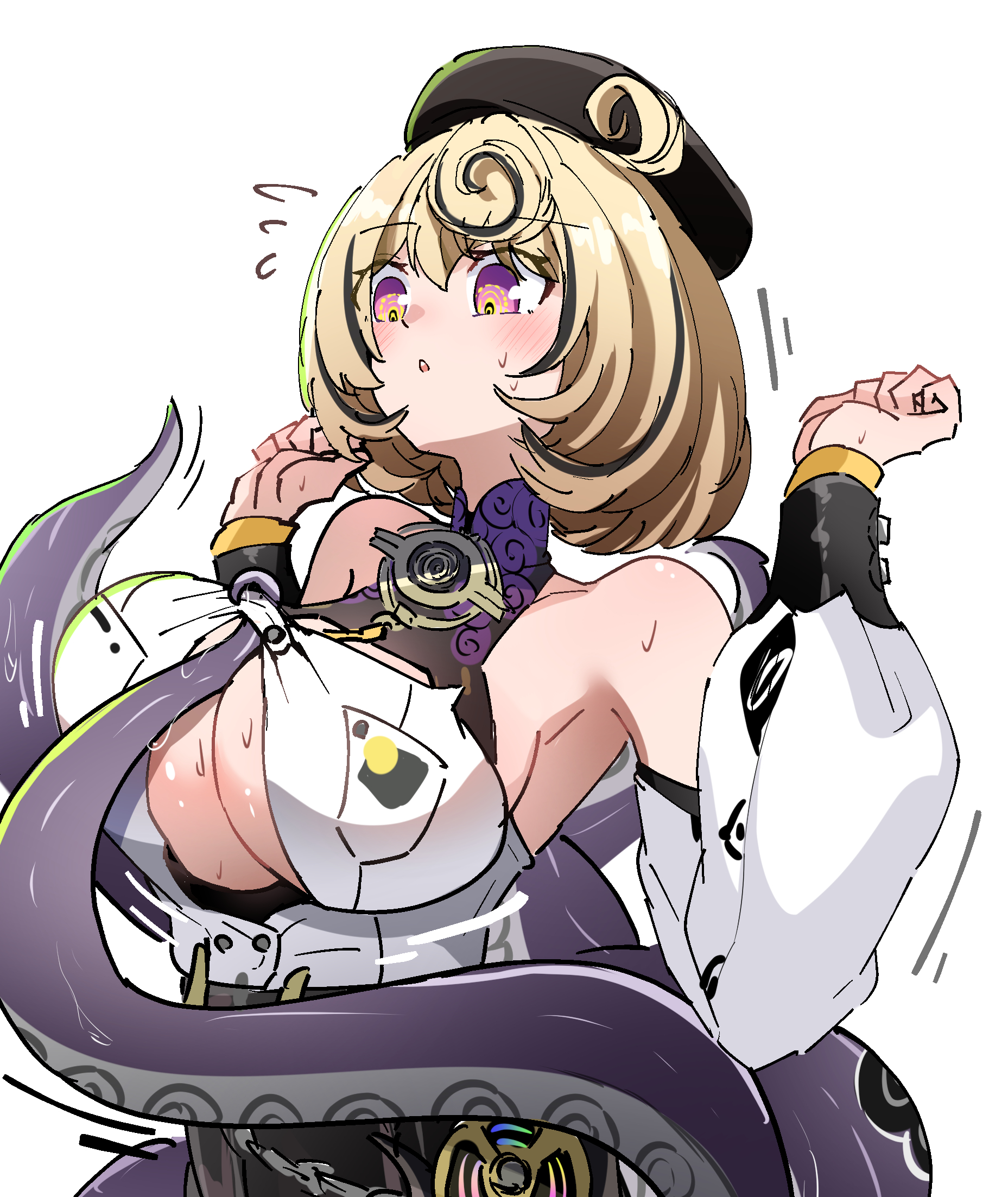 caseee999, yidhari murphy, zenless zone zero, commentary request, highres, 1girl, accessories, armpits, bare shoulders, black hat, blonde hair, blush, breasts, cleavage, clenched hands, detached sleeves, from side, hat, high-waist shorts, large breasts, monster girl, open mouth, purple eyes, ringed eyes, scylla, shirt, short hair, shorts, solo, sticker, sweat, tentacle between breasts, tentacle girl, tentacle grab, tentacle tail, tentacles, tentacles under clothes, upper body, white background, white shirt, white sleeves