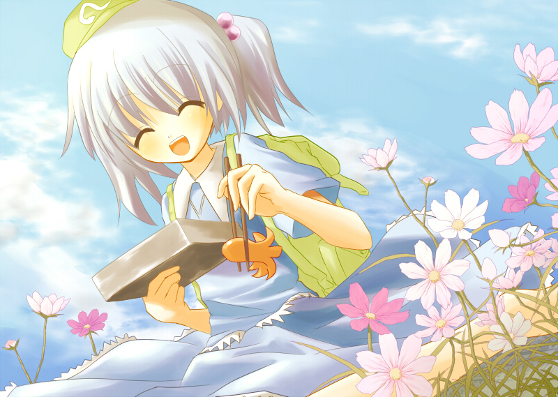 du bist so shoen, mizoguchi (kari), kawashiro nitori, touhou, silver hair, bad id, bad pixiv id, 1girl, :d, backpack, bag, bento, blue hair, chopsticks, closed eyes, dress, female focus, flower, food, food art, hair bobbles, hair ornament, hat, kneeling, nature, open mouth, outdoors, plant, randoseru, short hair, sky, smile, solo, tako-san wiener, twintails, two side up