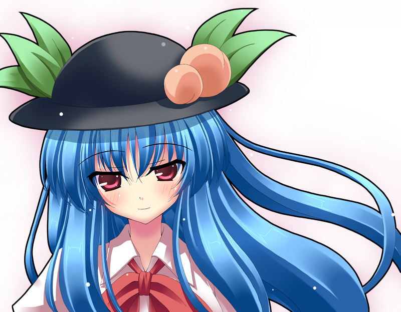 rappa (rappaya), hinanawi tenshi, touhou, 1girl, blue hair, female focus, gradient background, hat, long hair, red eyes, solo, white background