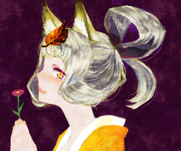 kasuga (artist), kongiku, oboro muramasa, vanillaware, 1girl, animal ears, blush, female focus, fox ears, grey hair, hair up, japanese clothes, kimono, leaf, leaf on head, lips, object on head, orange eyes, profile, solo