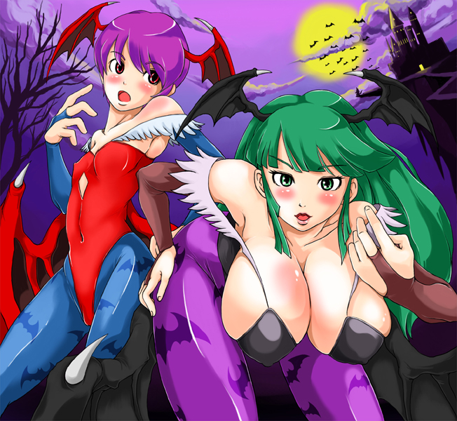 redlark, lilith (darkstalkers), morrigan aensland, capcom, darkstalkers, print legwear, 2girls, animal print, bare shoulders, bat (animal), bat print, bat wings, beckoning, bent over, blush, breasts, bridal gauntlets, castle, cleavage, come hither, covered erect nipples, demon girl, detached sleeves, elbow gloves, flat chest, gloves, green eyes, green hair, hand on own hip, hanging breasts, head wings, hip focus, huge breasts, leotard, lips, long hair, moon, multiple girls, night, night sky, pantyhose, purple hair, red eyes, red leotard, short hair, sky, tree, wings