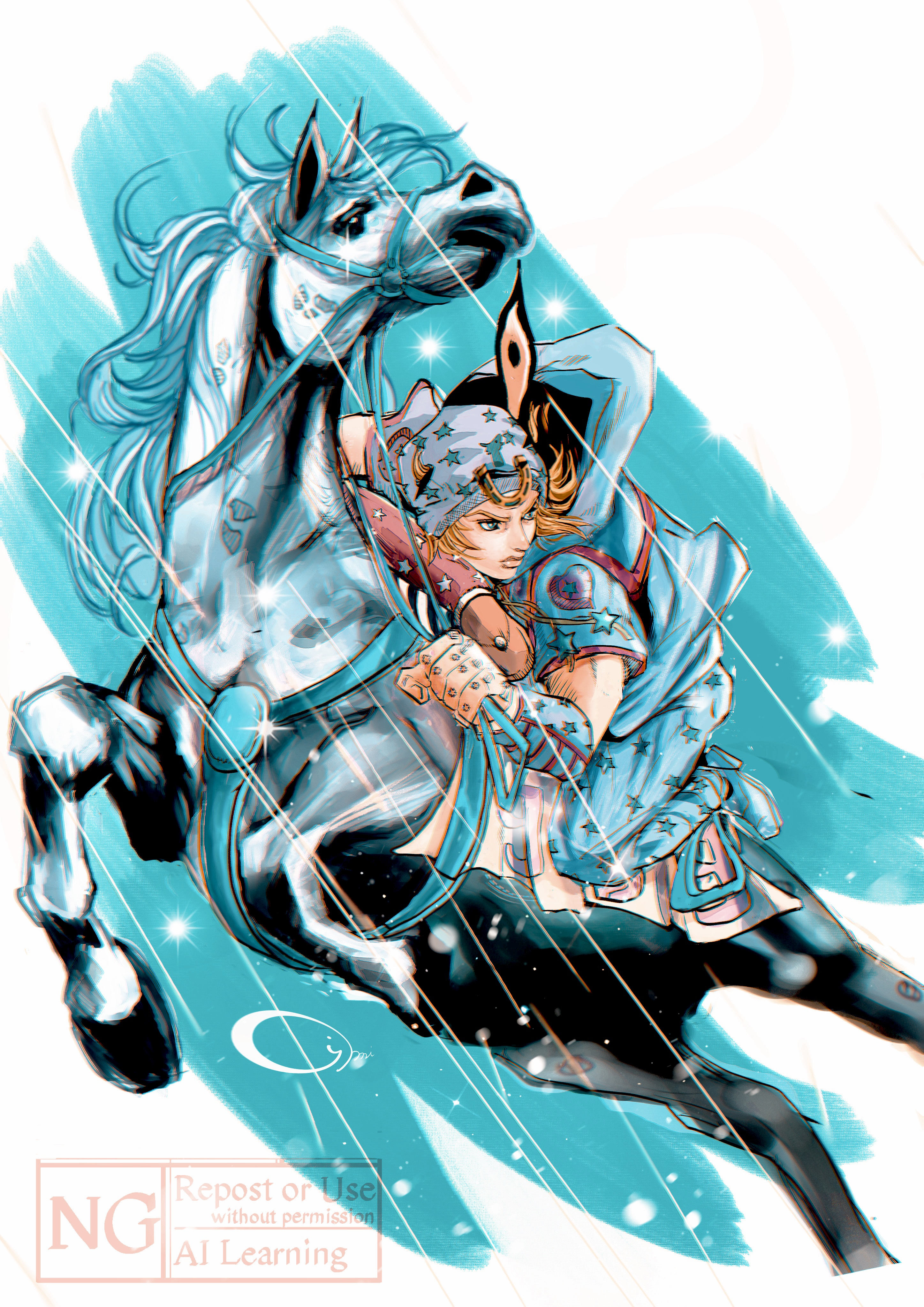 johnny joestar, slow dancer (jojo), jojo no kimyou na bouken, steel ball run, absurdres, commentary request, highres, 1boy, 667dh, arm warmers, beanie, blonde hair, blue eyes, blue hoodie, blue pants, chromatic aberration, feathers, grey hat, hat, heart ornament, holding, holding reins, hood, hood down, hoodie, horse, horseback riding, horseshoe hat ornament, horseshoe ornament, male focus, pants, reins, riding, saddlebags, short sleeves, solo, star (symbol), star print