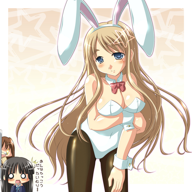 na! (na'mr), akiyama mio, kotobuki tsumugi, yamanaka sawako, k-on!, breast hold, translated, 00s, 3girls, animal ears, blonde hair, blue eyes, blush, bow, bowtie, breasts, chibi, cleavage, fake animal ears, fishnet pantyhose, fishnets, leaning forward, long hair, multiple girls, pantyhose, playboy bunny, rabbit ears, smile, very long hair, wrist cuffs