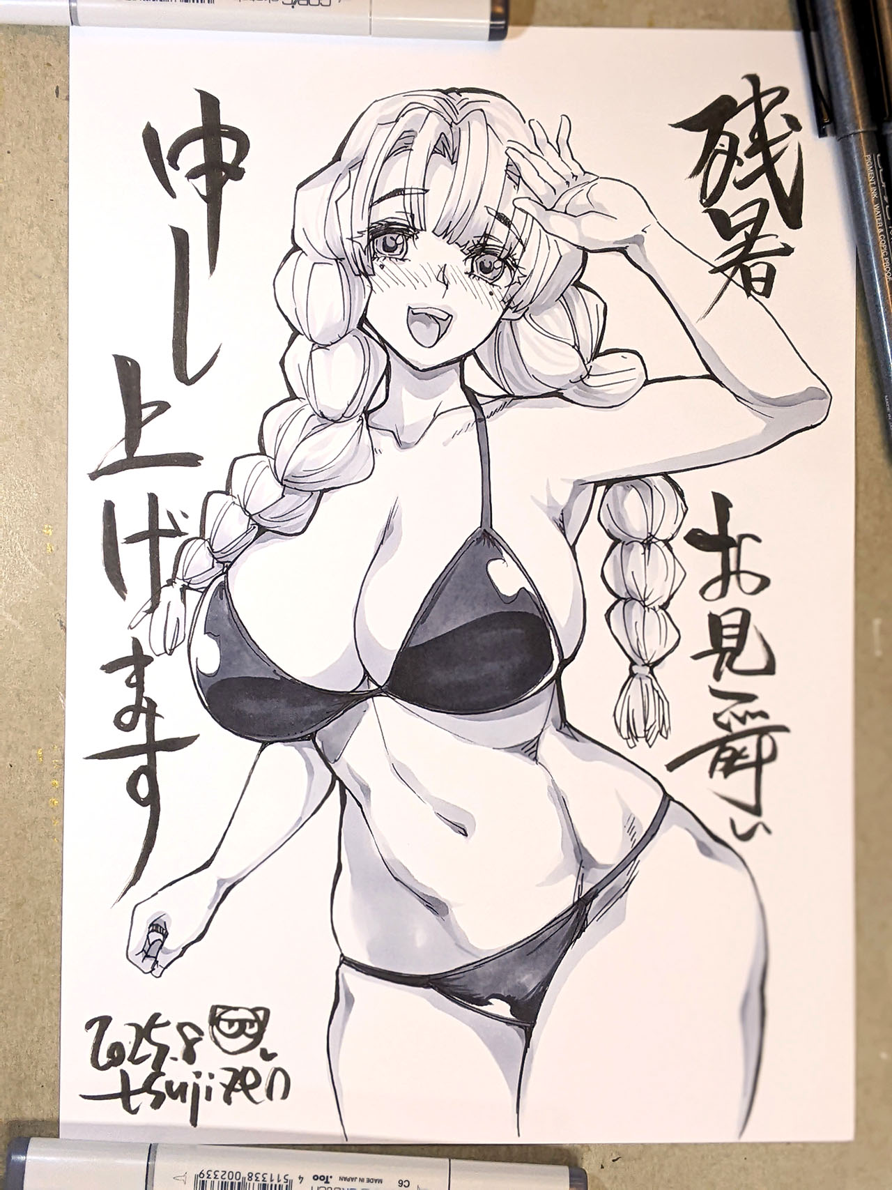 tsujizen, kanroji mitsuri, kimetsu no yaiba, commentary request, highres, pen (medium), photo (medium), traditional media, 1girl, armpits, bikini, blush, braid, breasts, large breasts, long hair, mole, mole under each eye, mole under eye, monochrome, multiple moles, navel, open mouth, simple background, smile, solo, swimsuit, teeth, twin braids, upper teeth only, white background